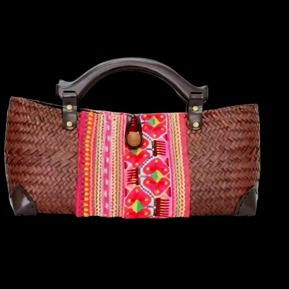 Wood Handle Brown Sedge Bag Vintage Hmong Fabric